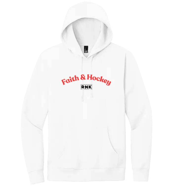 Unisex Faith & Hockey hoodie by CMGVD2NMW00ACOJ0JUAZL4L2X in white with Faith & Hockey logo, made of 60% cotton and 40% polyester.