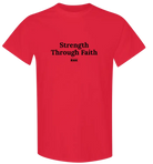 Youth Strength Through Faith hockey T-shirt by RNK Apparel Co., 100% cotton graphic tee with religious and hockey-themed design.
