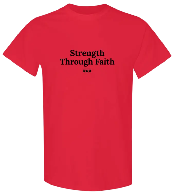 Youth Strength Through Faith hockey T-shirt by RNK Apparel Co., 100% cotton graphic tee with religious and hockey-themed design.