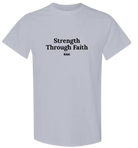 Youth Strength Through Faith hockey T-shirt by RNK Apparel Co., featuring a graphic design on a white cotton tee.