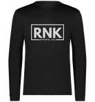 Unisex RNK Apparel Co. performance long sleeve T-shirt in white, made of 100% polyester with a fitted athletic design.