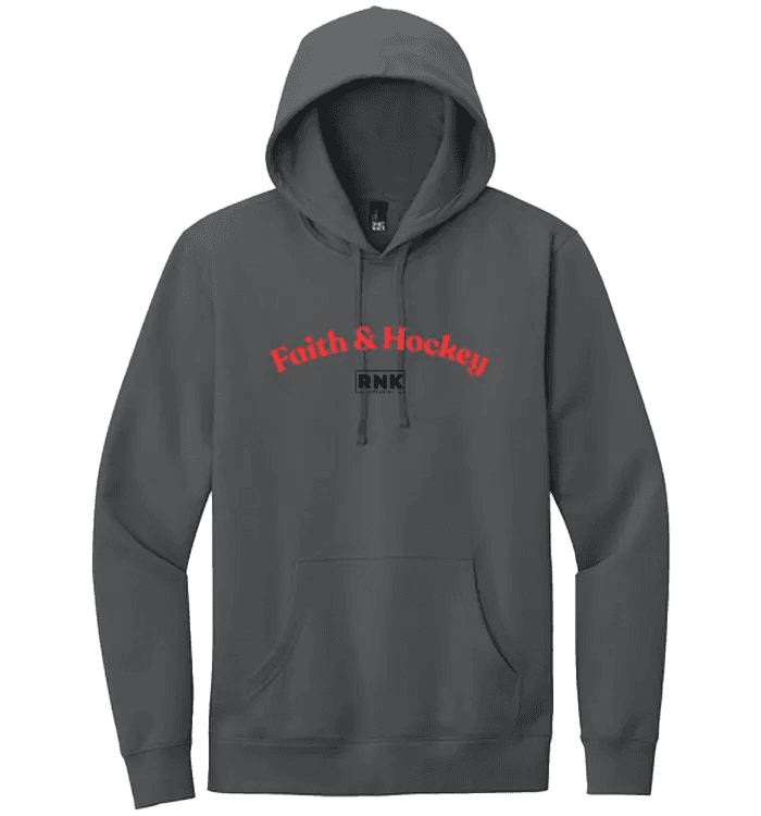 Faith & Hockey unisex hoodie made of cotton and polyester, featuring a casual fit and printed logo on the front.