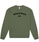 RNK Unisex fleece crewneck sweatshirt with Stick & Puck hockey graphic, soft fabric, and comfortable fit.