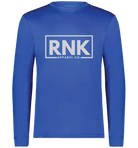 Unisex RNK Apparel Co. performance long sleeve T-shirt in white, made of 100% polyester, with a fitted design and crew neckline.