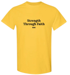 Youth Strength Through Faith hockey T-shirt by RNK Apparel Co., 100% cotton graphic tee featuring faith-themed design.