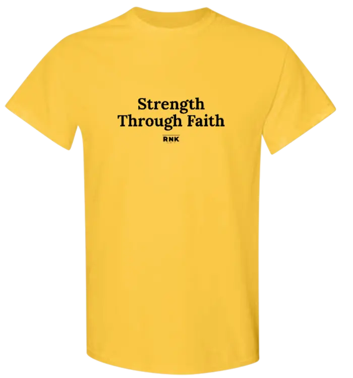 Youth Strength Through Faith hockey T-shirt by RNK Apparel Co., 100% cotton graphic tee featuring faith-themed design.